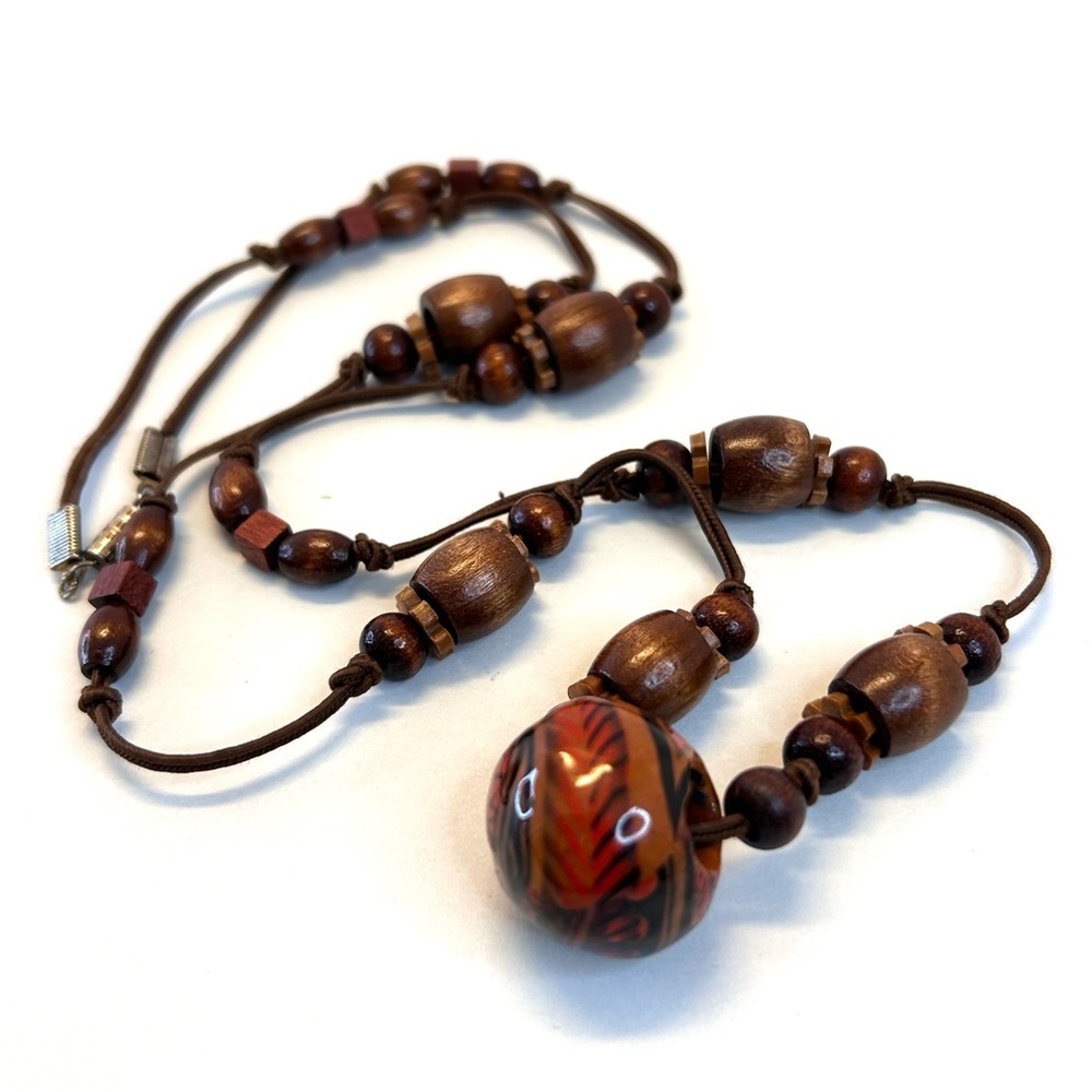 Vintage 30” Necklace One Large Wooden Bead And Smaller Beads Corded Barrel Clasp